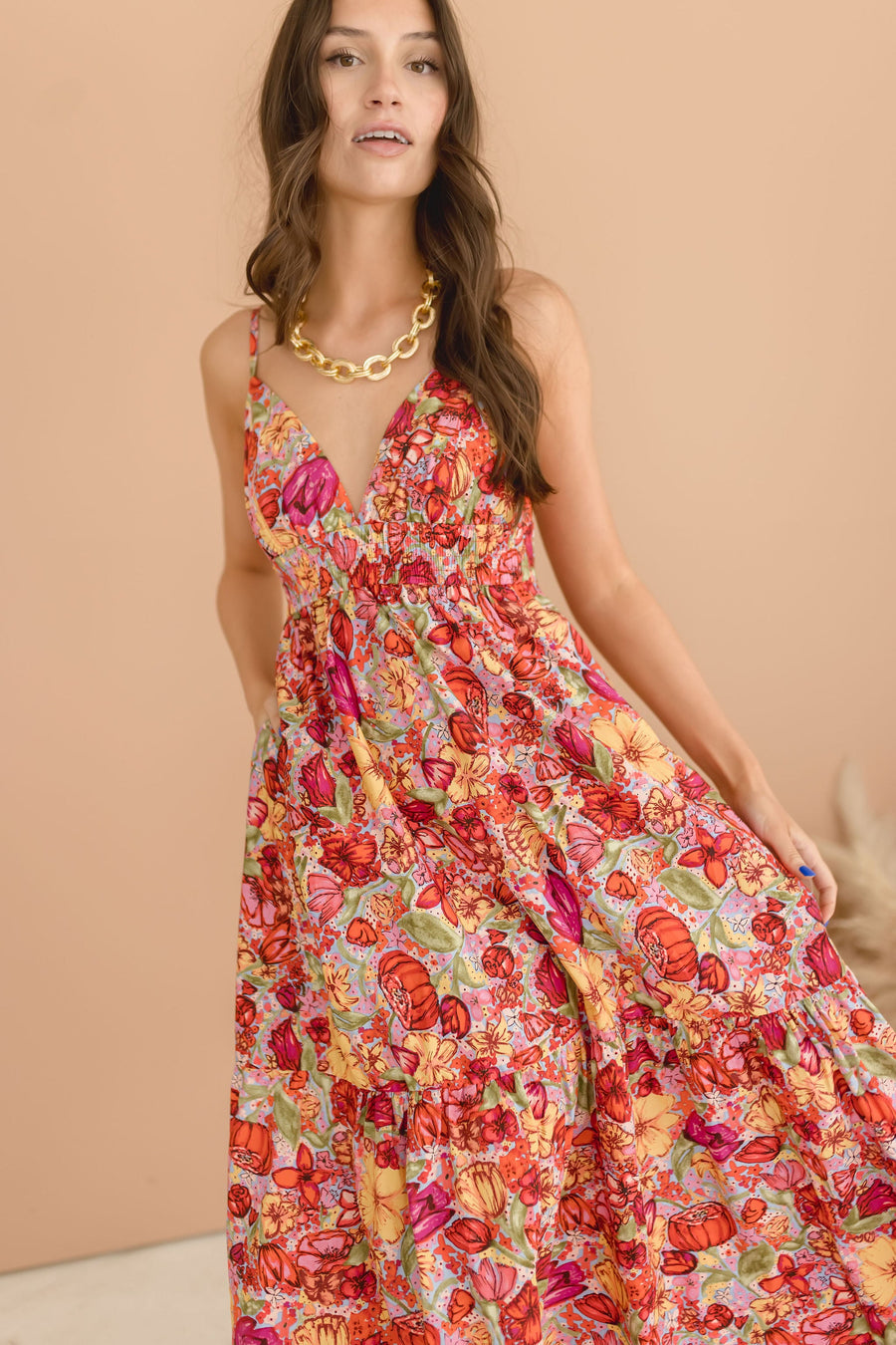 Estelle Sleeveless Back Cut Out Floral Print Tiered Midi Dress