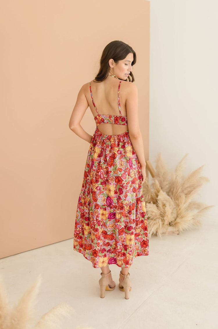 Estelle Sleeveless Back Cut Out Floral Print Tiered Midi Dress