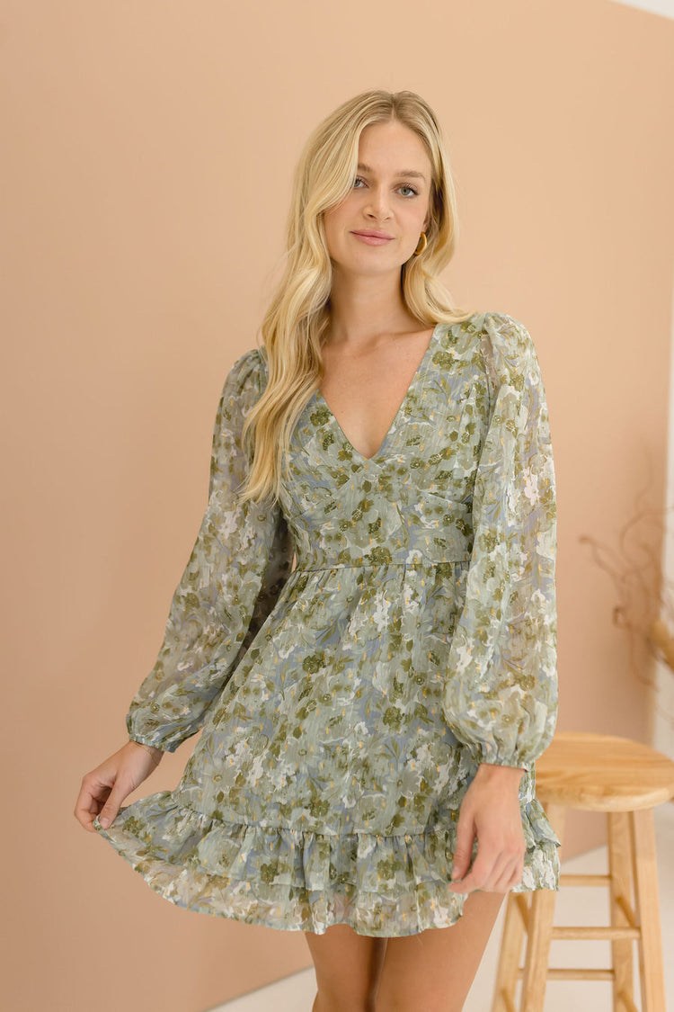 liza Long Sleeve Floral Print Mini Dress