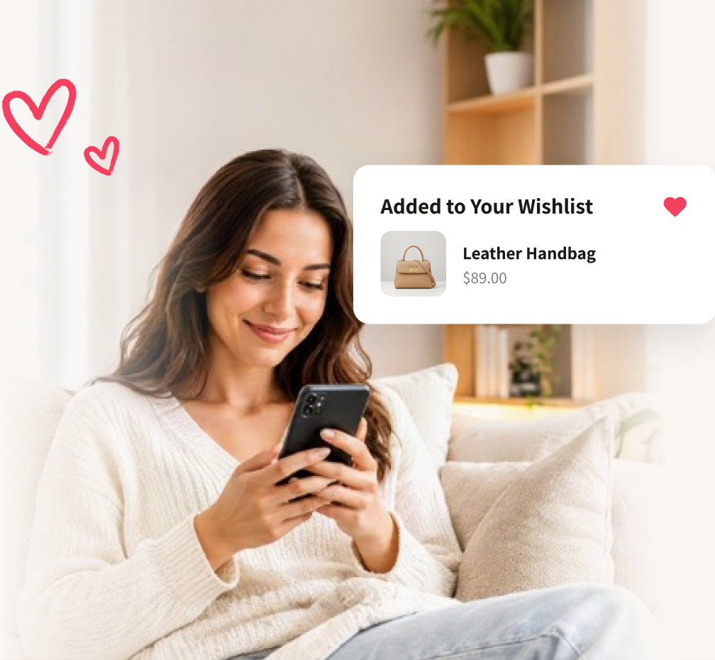 Woman adding a leather handbag to her wishlist on her phone
